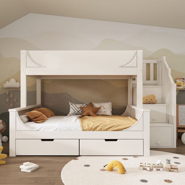 Weißes Etagenbett Schlittenform mit Leiterschrank 90+140x200 cm EN747-1:2024 Sicherheit Schubladen Landhausstil Kinderzimmer