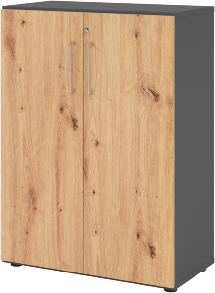 bümö Aktenschrank abschließbar, Büroschrank Holz 80cm breit in Graphit/Asteiche - abschließbarer Schrank mit Aktenregal für's Büro & Arbeitszimmer, Büro Möbel Ordnerschrank mit Schloss, 938T3-G-R-BS