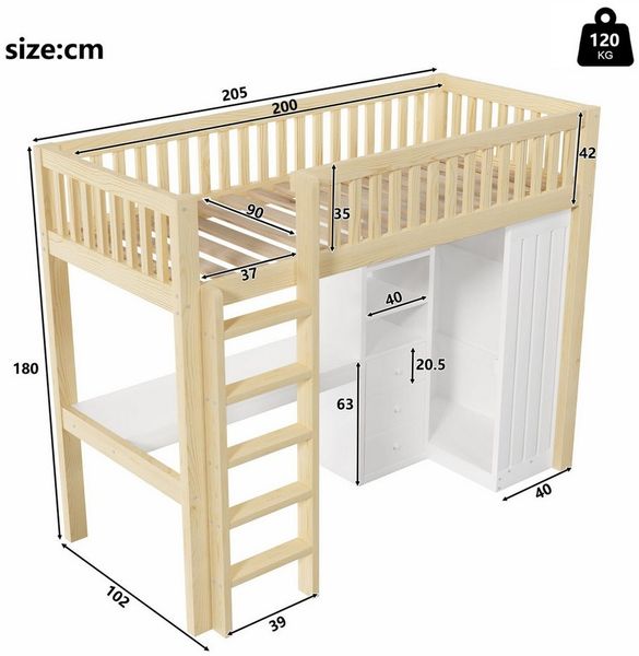 Ulife Hochbett Hochbett mit Schreibtisch, Schrank & Schubladen (Natur)