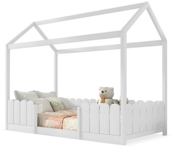 Merax Hausbett, mit Rausfallschutz und Lattenrost, Kinderbett 90x200cm, Holz