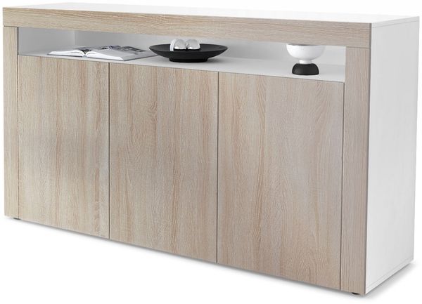 Vladon Sideboard Valencia, Kommode mit 3 Türen und 1 offenem Fach, Weiß matt/Eiche sägerau/Eiche sägerau (155 x 92 x 40 cm)