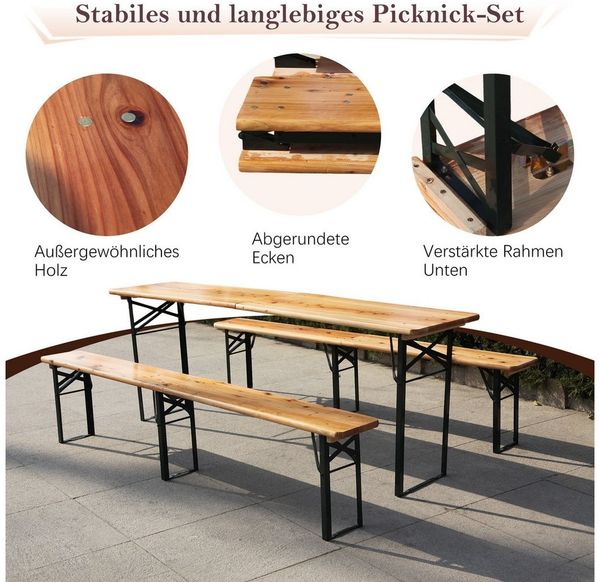 BlingBin Bierzeltgarnitur 3-teilig Faltbare Biertischgarnitur, Festzeltgarnitur, (3er Set, 3-tlg, Abmessungen: 220x50x 78cm, Belastbarkeit: 200kg), Wetterfeste Kiefer Massiv, Platzsparend, Festzeltgarten, Holzfarbe