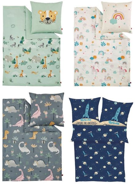 s.Oliver Kinderbettwäsche Satinbettwäsche s.Oliver Junior, Mako-Satin, 2 teilig, in verschiedenen Designs: Tiere Safari Afrika, Dino, Weltall, Einhorn