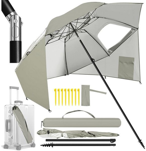 Clanmacy Sonnenschirm Strandschirm 210 cm UV50+ neigbar mit Spiral-Erdspieß, Beige, LxB: 210x230 cm, Stabiler knickbar/für Garten, Balkon, Terasse/Sonnenschutz UV50+