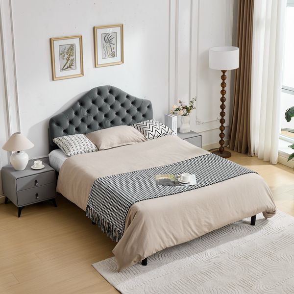 Full Size Upholstered Platform Bed Frame with Adjustable Headboard, Velvet Single Bed with Wood Slat Support, No Box Spring Needed, Easy Assembly,140x200 cm,Gray