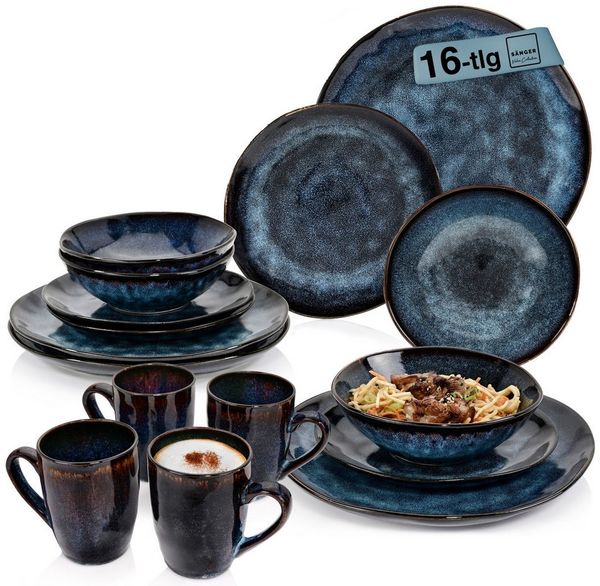SÄNGER Tafelservice Tokio Geschirrset (16-tlg), 4 Personen, Steingut, Blau Schwarz, Handmade, Premium Collection