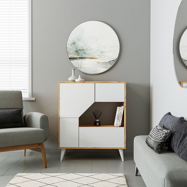 Roomart Pablo Mehrzweckschrank Weiß-Eiche mit Türen & Regalen – Aufbewahrungsschrank für Wohnzimmer, Schlafzimmer, Esszimmer & Büro – Modern, platzsparend & vielseitig einsetzbar • Weiß-Eiche