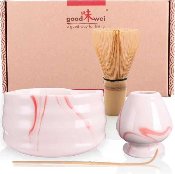 Goodwei Teeschale Matcha-Set "Pink Marmor" 80 mit Teeschale, Matchabesen und Besenhalter, 4-tlg, Keramik
