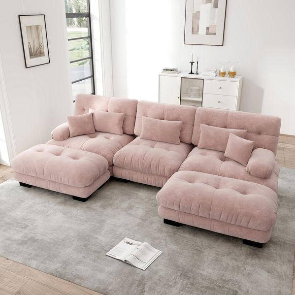 Ecksofa modular 81cm×313cm×145cm mit Ottoman – U-Form oder L-Form, tiefes Sofa aus Chenille in Rosa