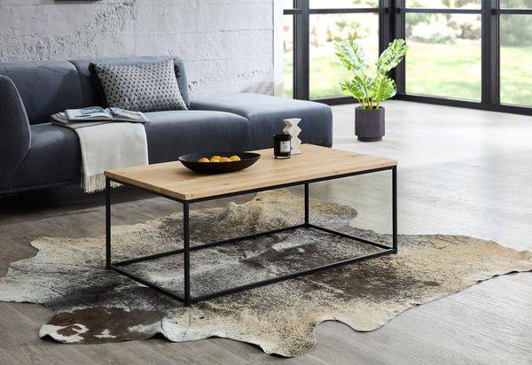 Couchtisch THOR 110 x 60 cm Platte Eiche geölt Metallgestell schwarz