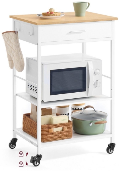 VASAGLE Küchewagen mit Rollen, mobiler Servierwagen mit Stauraum, Kücheninsel, 47 x 60 x 90 cm, Schublade, 2 Haken, für Esszimmer, eichenbeige-mattweiß