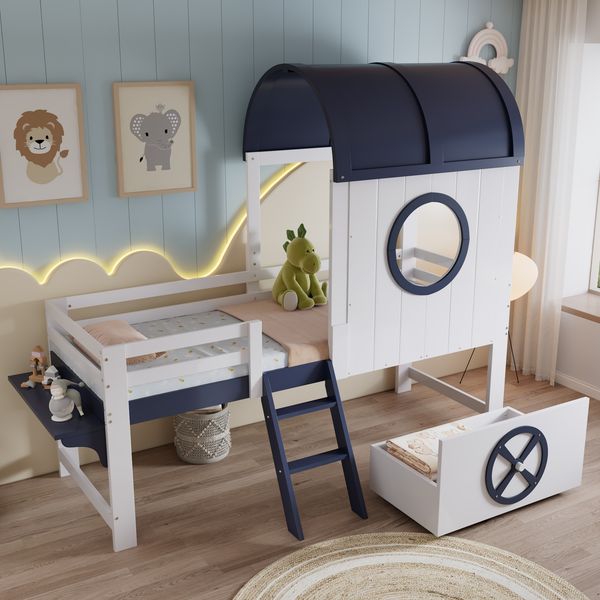 Kindereinzelbett 90×200 cm aus Massivholz und MDF mit Dach und Fensteraufbau, weiß-dunkelblau