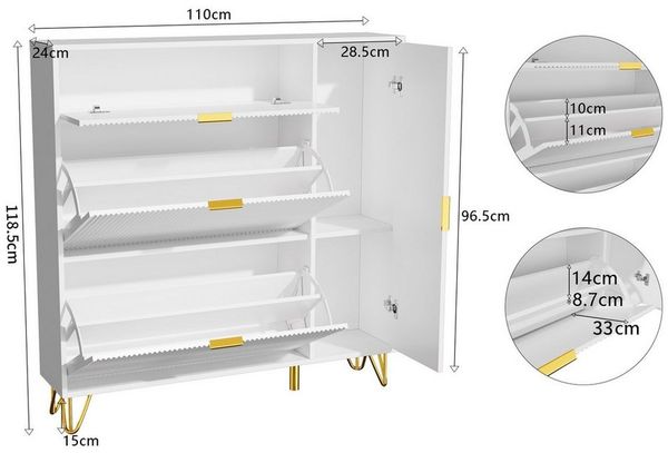 FUROKOY Schuhbank Schuhschrank Schuhregal mit Klappen und Fächern, Schuhkipper für Eingangsbereich, Flur, 24 x 110 x 118.5 cm, Weiß