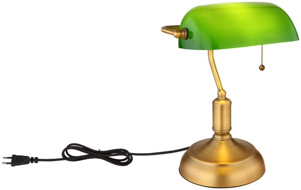 LED Tischleuchte, Bankerlampe, Zugkette, altmessing, grün, H 36 cm