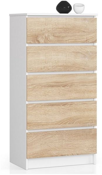 Home Collective Kommode 60 cm breit Holz Highboard Sideboard für Flur Schlafzimmer Wohnzimmer (Kommode Schlafzimmer Kommode mit Schubladen Holz Schrank), Kinderzimmer Organizer, 121 cm hoch mit 5 Schubladen weiß-sonoma
