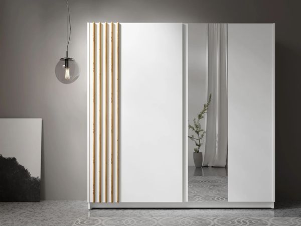 AX LIVING Kleiderschrank weiß mit Spiegel 200 cm – Beralto mit Lamellen
