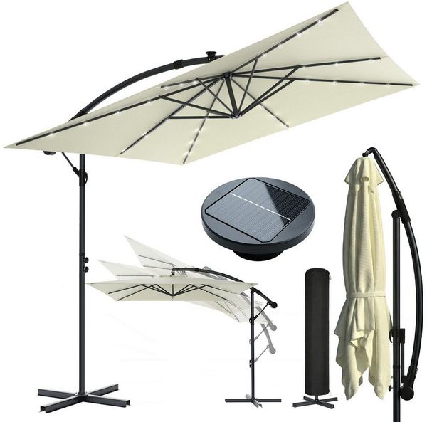 Huracan Sonnenschirm LED Solar Ø 250/300/350cm Ampelschirm mit Kurbel, Ständer, Gartenschirm Balkonschirm UV-Schutz Aluminium wasserdicht 360°neigbar