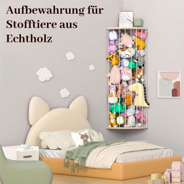 BlingBin Spielzeugtruhe Kuscheltier Aufbewahrung Organizer, Holz Eck Stofftier Regal (1 Set, 1 St, 135-180cm), Kinderzimmer Hängend Spielzeug Organizer für Plüschtiere