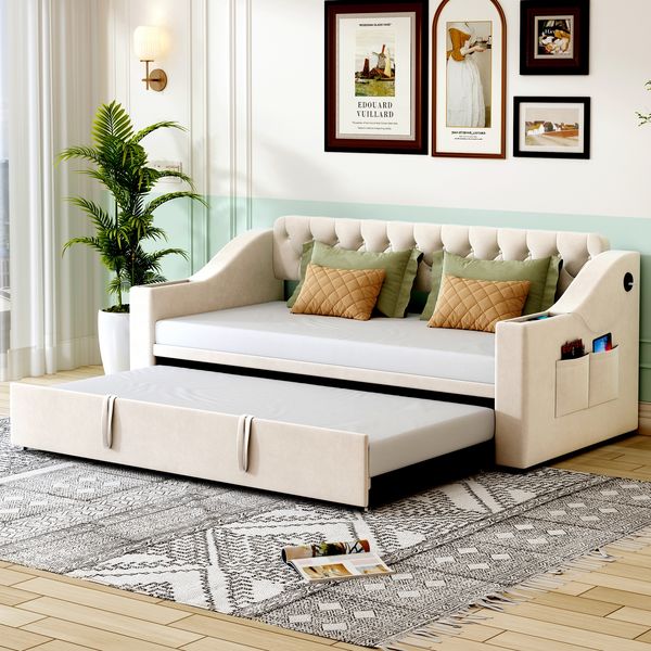 Ausziehbares Polsterbett 90/180×190 cm mit USB und Stauraum, Beige, ohne Matratze