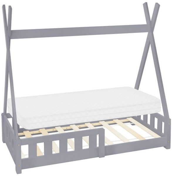 ML-DESIGN Spielbett Hausbett Tipi Zeltbett inkl. Lattenrost Bodenbett Kinder Himmelbett, Abenteuerbett mit Rausfallschutz Zelt Bett Kiefer Grau Kinderhaus