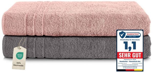 Komfortec 2er Saunatuch Set 80x200 cm aus 100% Baumwolle, XXL-Saunatücher, Sauna Handtuch, Weich, Groß, Frottee, Schnelltrocknend, Anthrazit Grau/Blütenrosa