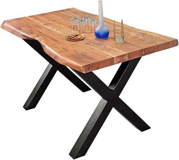 Esstisch Baumkante massiv Akazie Natur 180 x 90 X-Gestell schwarz CALI 113362879