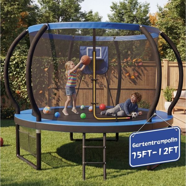 GUNJI Gartentrampolin Basketballkorb-Trampolin, Durchmesser 228/305 cm, Kindertrampolin, Ø 228 cm, (Enthält Leiter, Sicherheitsnetz, Schuhnetz, 360°-Schutzgitter und Fallschutzmatte, mit einer Tragkraft von 150 kg-ostern geschenke)