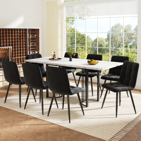 Merax Essgruppe (9-tlg), Ausziehbares Esstischset für 8 Personen,140×80 Esstisch mit 8 Esszimmerstühlen,Gestell aus Metall Rechteckiger Esstisch, Esstischstühle aus schwarzem Samt, Esszimmer-Set