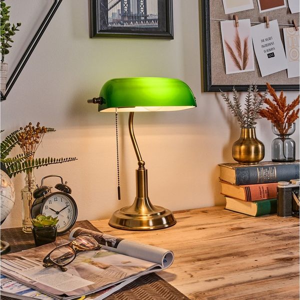 hofstein Tischleuchte Tischlampe aus Metall/Glas in Altmessing/Grün/Weiß, Schreibtischlampe, ohne Leuchtmittel, traditionelle Bankerlampe für Büros im Vintage-Design, Zugnschnur, E27