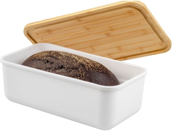 Brotkasten mit Bambus-Deckel, Brotbox mit Schneidebrett, Brotkorb weiß