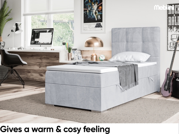 MEBLINI Boxspringbett KAI 90x200 cm mit Bettkasten - H4/Hellgrau Samt Gepolstert Einzelbett mit Topper & Taschenfederkern-Matratze - 90x200 Rechts Bild 4