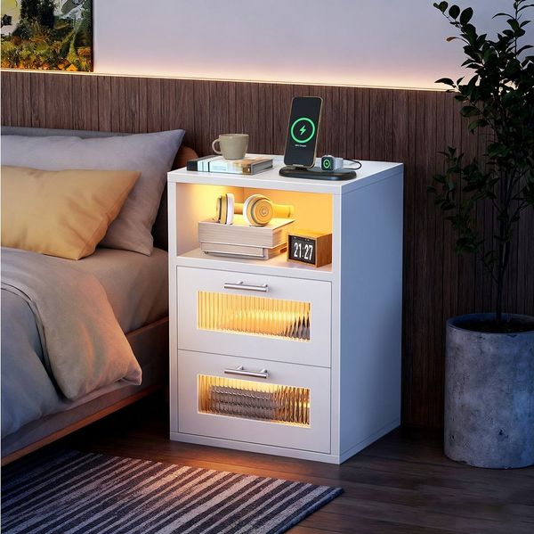 oyajia Nachtkommode Nachttisch mit einstellbarer LED-Beleuchtung, Steckdosen (1 St), Nachtschrank Beistelltisch mit 2 Schubladen und 1 offener Ablage