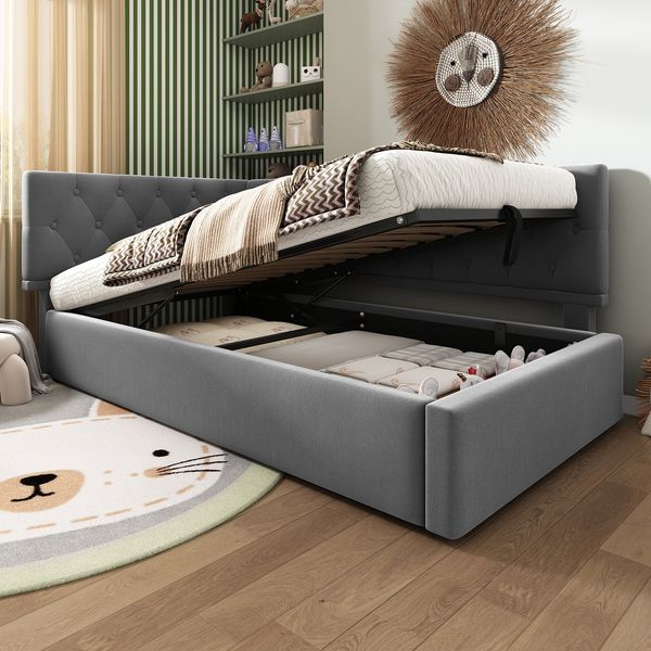 Kinderbett 90x190 cm mit hydraulischem Stauraum, L-Form, Samt, Grau, links/rechts montierbar