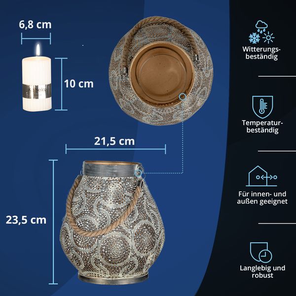 KHG Windlicht 23,5 cm mit Kerze in Gold, mit Henkel aus nachhaltigen Naturprodukten, Kerzenständer, Kerzenhalter, Outdoor und Indoor, Deko, für Wohnzimmer, Balkon, Terrasse, Garten usw.