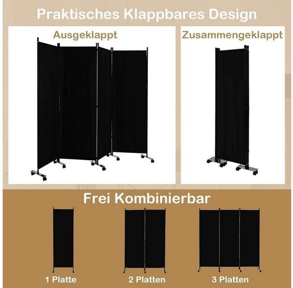 KOMFOTTEU Raumteiler Paravent Trennwand Sichtschutz, 225 x 173 cm, mit Rollen