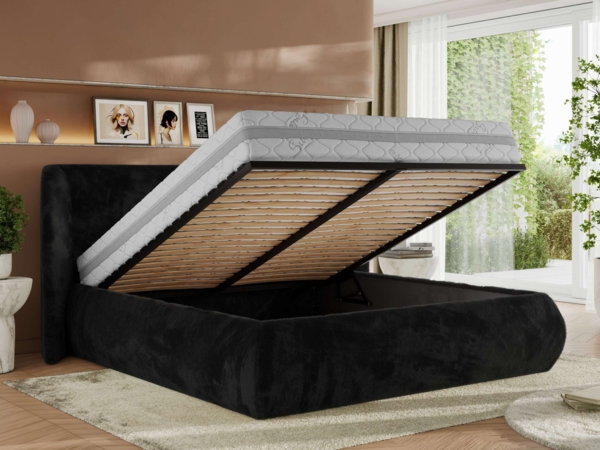 Polsterbett mit Lattenrost, Doppelbett Bettkasten, Bettgestell mit Gasdruckfeder - CAELA CLASSIC - 140 x 200 cm - Schwarz Plüsch Bild 4