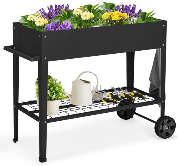 Metall Hochbeet mit Ablage & 2 Rollen & Haken & Griff Erhöhtes Gartenbeet Pflanzkasten Schwarz
