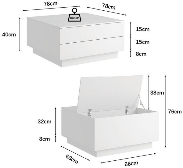 radelldar Couchtisch mit 2 Schubladen und aufklappbarer Tischplatte, 78x78x40cm (1-St), Wohnzimmertisch Beistelltisch mit LED-Beleuchtung