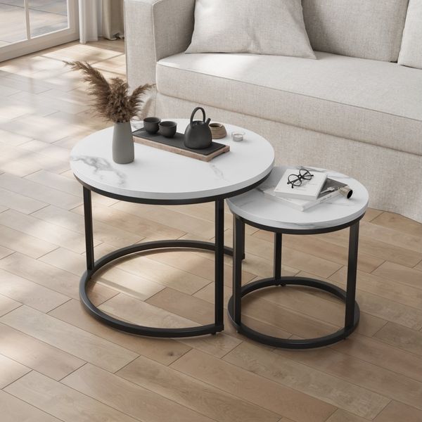 REDOM Couchtisch Kaffeetisch,Beistelltisch (Eleganter 2-teilig verschachtelter Couchtisch, 60cm runder Metallrahmen, Platzsparend & Multifunktional, für Wohnzimmer, Schlafzimmer, Balkon & Büro, Modernes Design, 2-St)