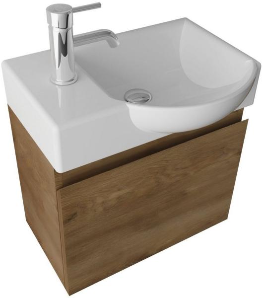 Alpenberger Badmöbel-Set - Gäste WC Waschbecken mit Unterschrank 45 cm Breit, (Badschrank 2-tlg, Waschtisch hängend), Waschbeckenunterschrank mit Softclose - Farbe Eiche - Rechts Becken
