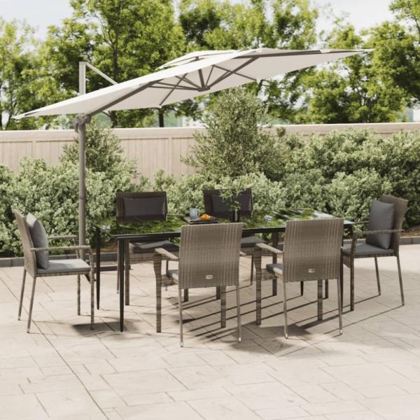 vidaXL 7-tlg. Garten-Essgruppe mit Kissen Schwarz und Grau Poly Rattan 3185105
