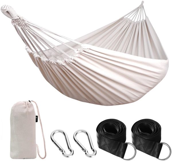 ANYOO Hängematte Outdoor Baumwolle Bequemer Stoff mit Baumfreundlichen Gurten zum Aufhängen, Robuste Tragbare Hängematte mit Reisetasche für Garten, Indoor, Balkon, Terrasse, Camping