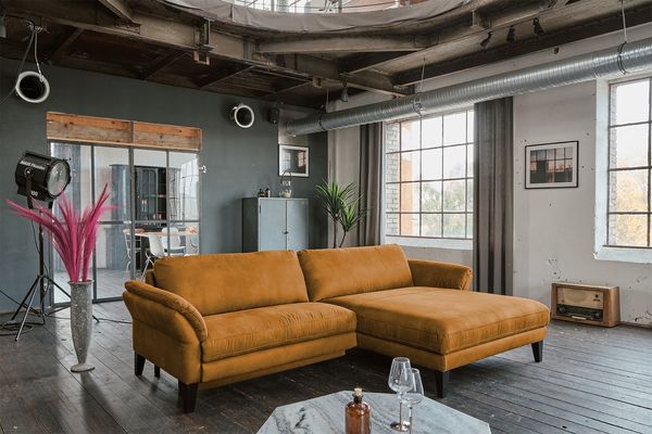 KAWOLA Sofa MALTA Ecksofa Stoff cognac mit motorischer Relaxfunktion Recamiere rechts 86 x 175 x 302 cm