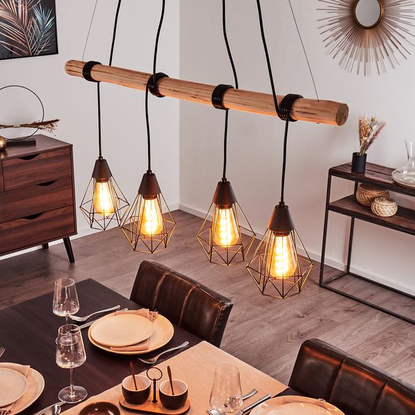 »Fornacelle« 4-flammige Hängelampe aus Metall und Holz in Schwarz/Natur, Modernes Design mit schirmen in Gitter-Optik, Höhe der Leuchtköpfe beliebig verstellbar, 4 x E27 max. 60 Watt