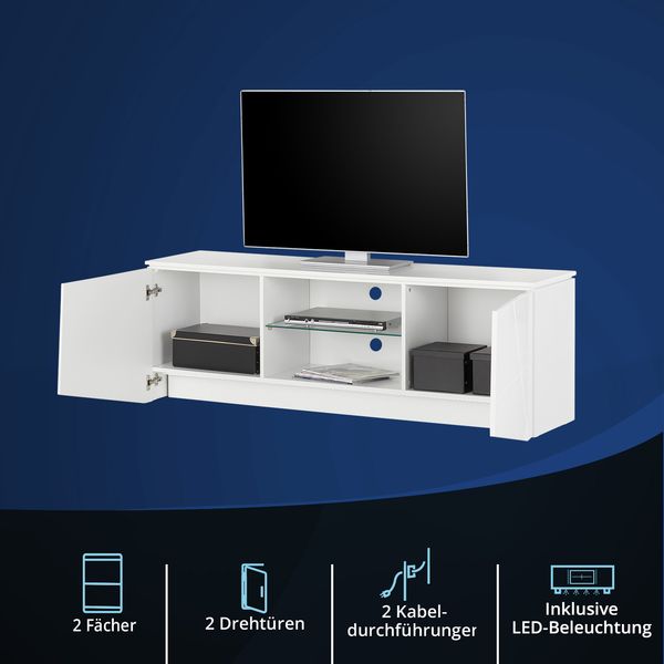 KHG TV-Lowboard mit 2 Türen & 2 offenen Fächern, TV-Bank mit LED-Beleuchtung aus weißem Hochglanz-Holzwerkstoff foliert, Fernsehtisch im modernen Look - 168 x 57 x 40 cm (B/H/T)