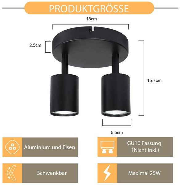 ZMH Deckenstrahler 2 Flammig Rund Deckenlampe Schwenkbar 330° Modern für Wohnzimmer, Einfache Installation, ohne Leuchtmittel, Schwarz 90° gedreht Wandstrahler für Schlafzimmer Küche