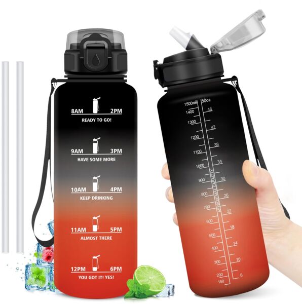 Sport Trinkflasche 1.5L, Kohlensäure Geeignet, Auslaufsichere Wasserflasche mit strohhalm, Motivierende Trinkflasche mit Zeitmarkierung, Sportflasche für Camping, Laufen, Erwachsener, Radfahren