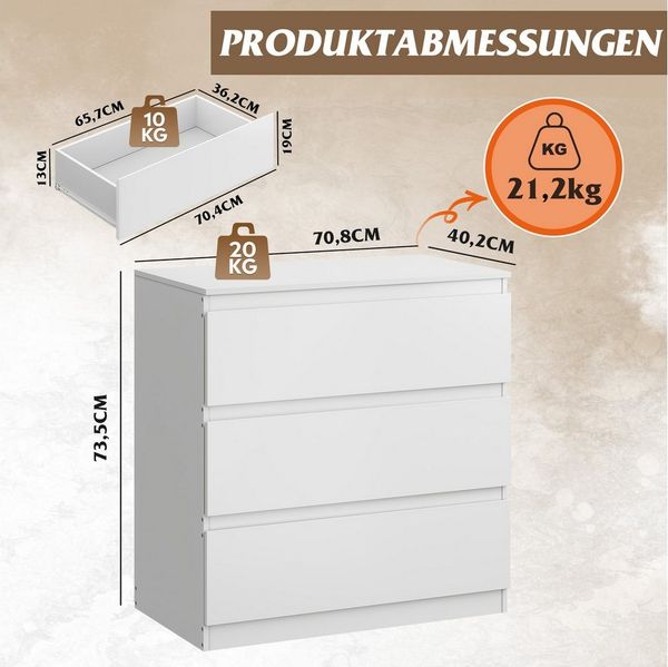 WLIVE Kommode Schubladenkommode mit 3 Schubladen, Sideboard, Breit 70,8 cm, (Packung), Modernes Design ohne Griffe, Mehrzweckschrank für Schlafzimmer, Weiß