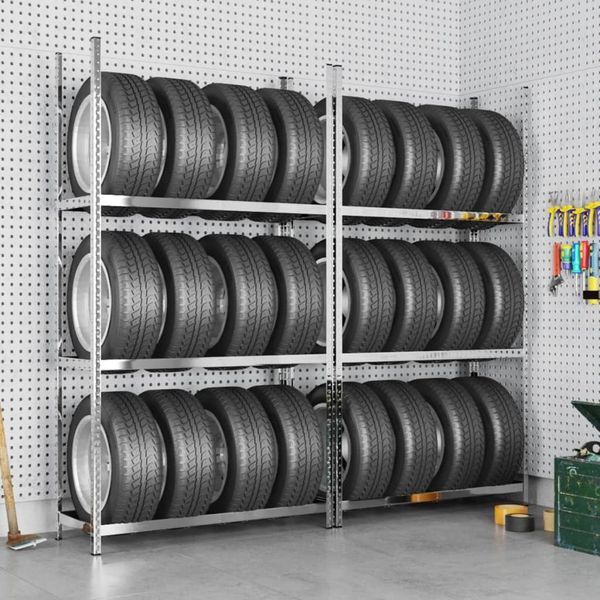 vidaXL Reifenregale mit 3 Böden 2 Stk. Silbern 110x40x200 cm Stahl 152896