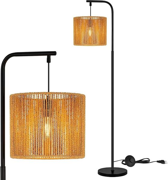 ZMH Stehlampe E27 Boho Schwarz Seil Schirm Vintage Bogenlampe Fußschalter 164cm Schlafzimmer Terrasse Büro Wohnzimmer